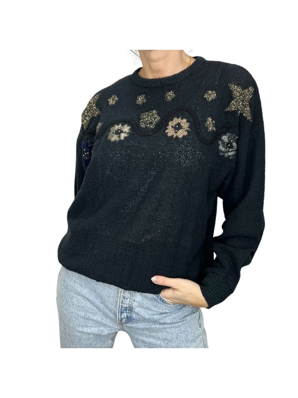 Vintage 80s 90s 100% cotton black floral embroidered applique sweater M